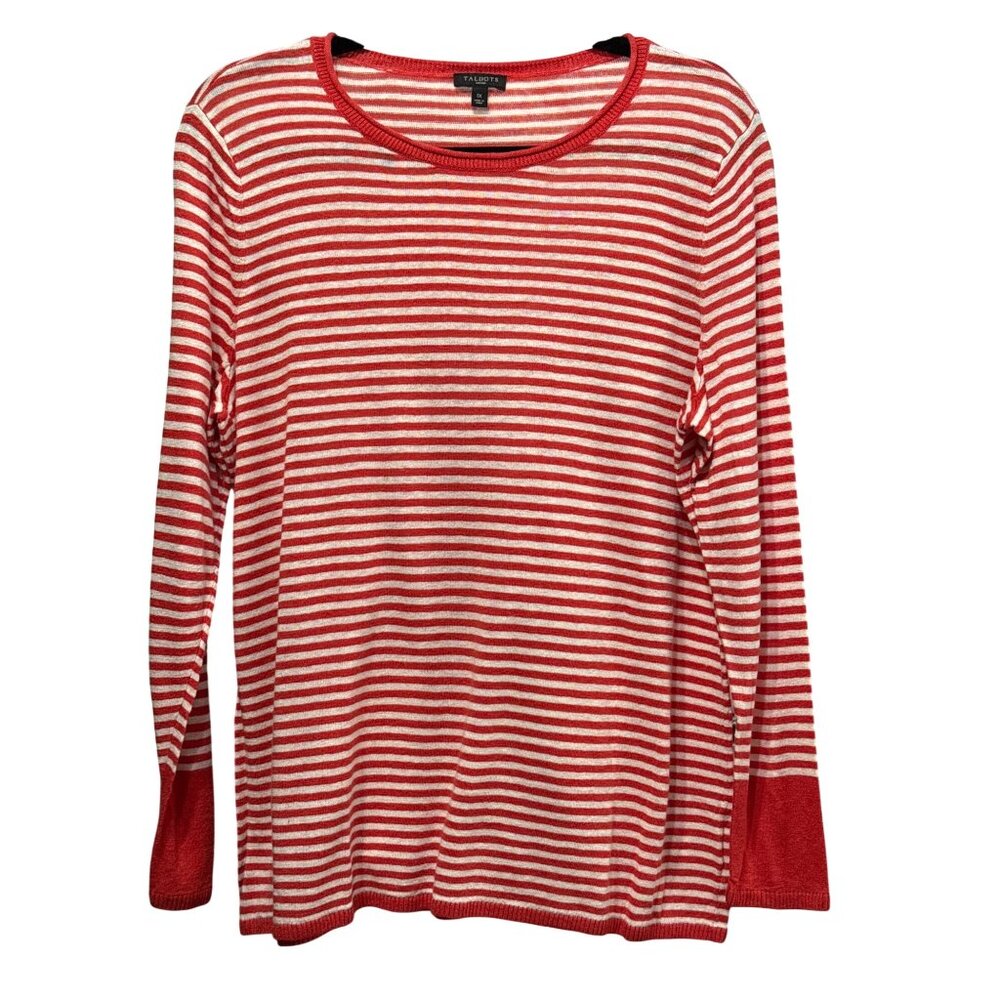 Talbots Womens 1X Orange & White Striped Long Sleeve Linen Blend Sweater